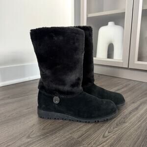 Stuart Weitzman Black Furever Faux Fur Suede Boots 8 Mid-Calf Pull On Bootie